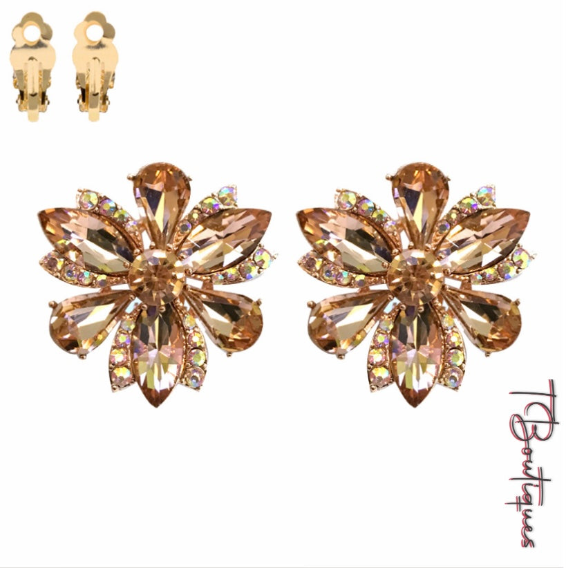 Gold Crystal Flower Clip On Earrings
