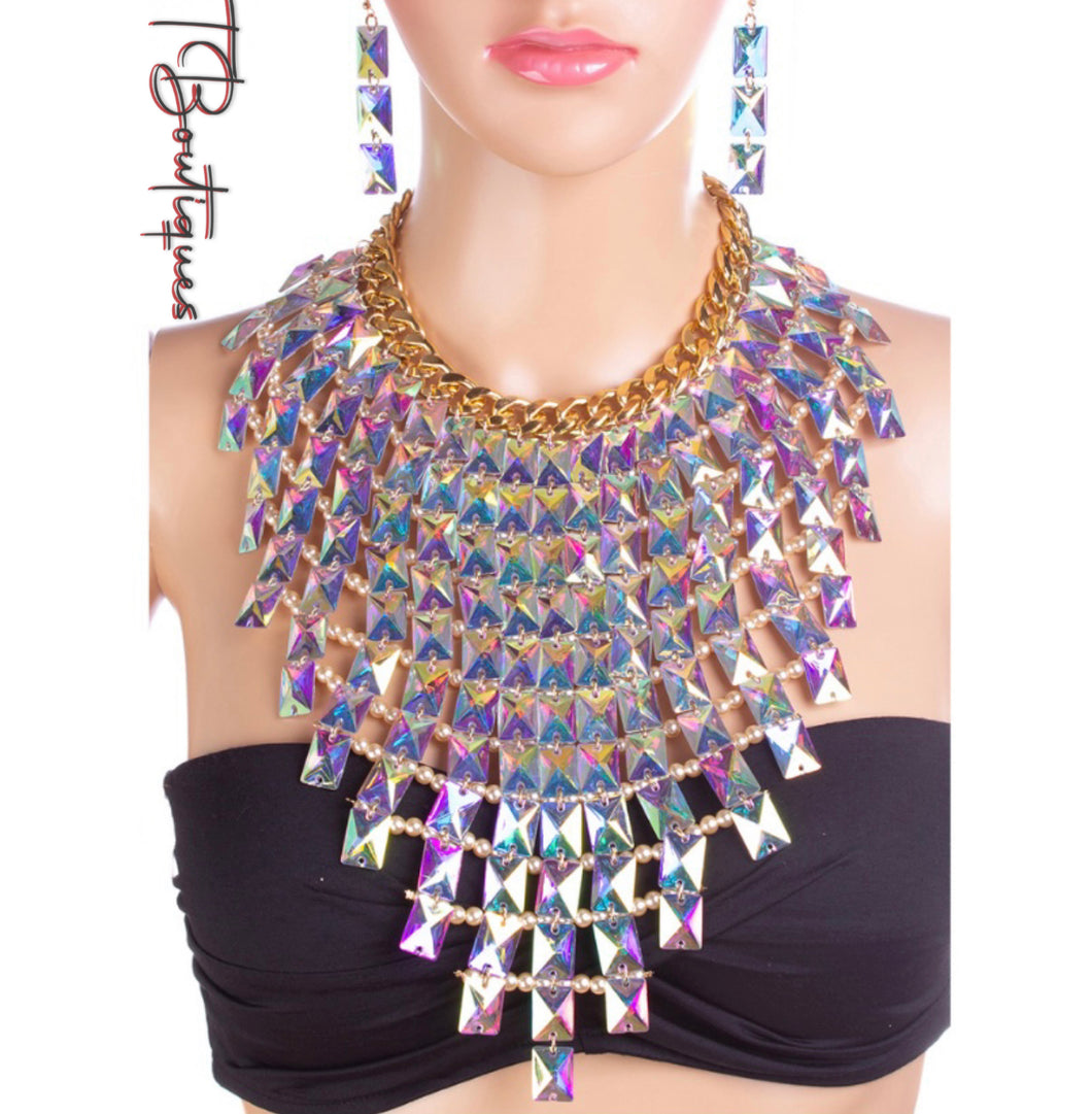 Iridescent Layered Necklace and Earrings Set