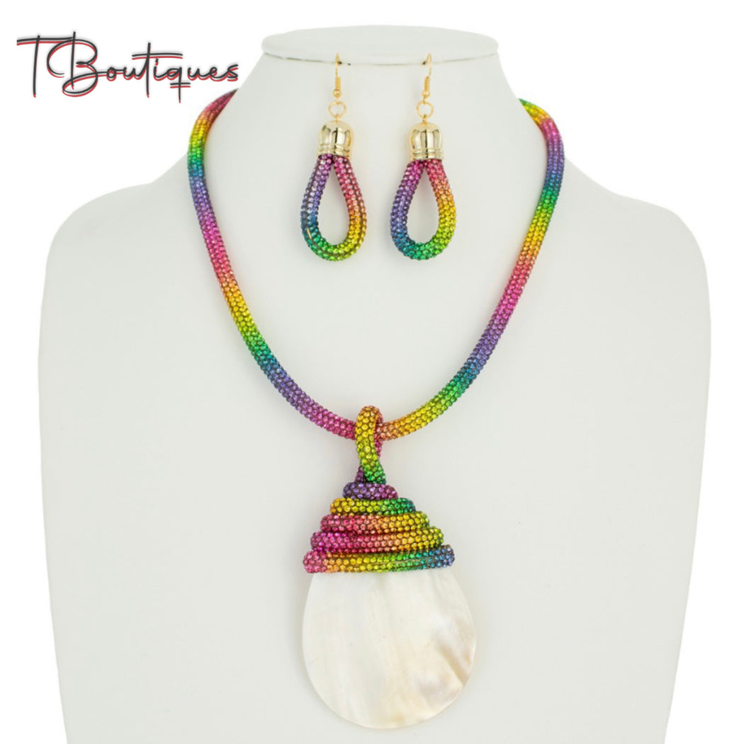 Rainbow Rhinestone Necklace and Earring Set